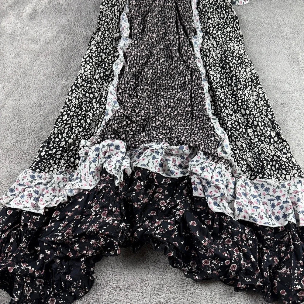 FREE PEOPLE Yesica Floral Ruffle-Trim Maxi Dress Womens Size 8 Black Combo